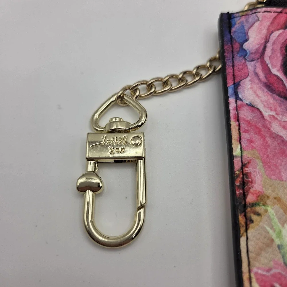 Betsey‎ Johnson Floral Card Holder Wallet Womens OS Pink Rose Gold Keychain Zip